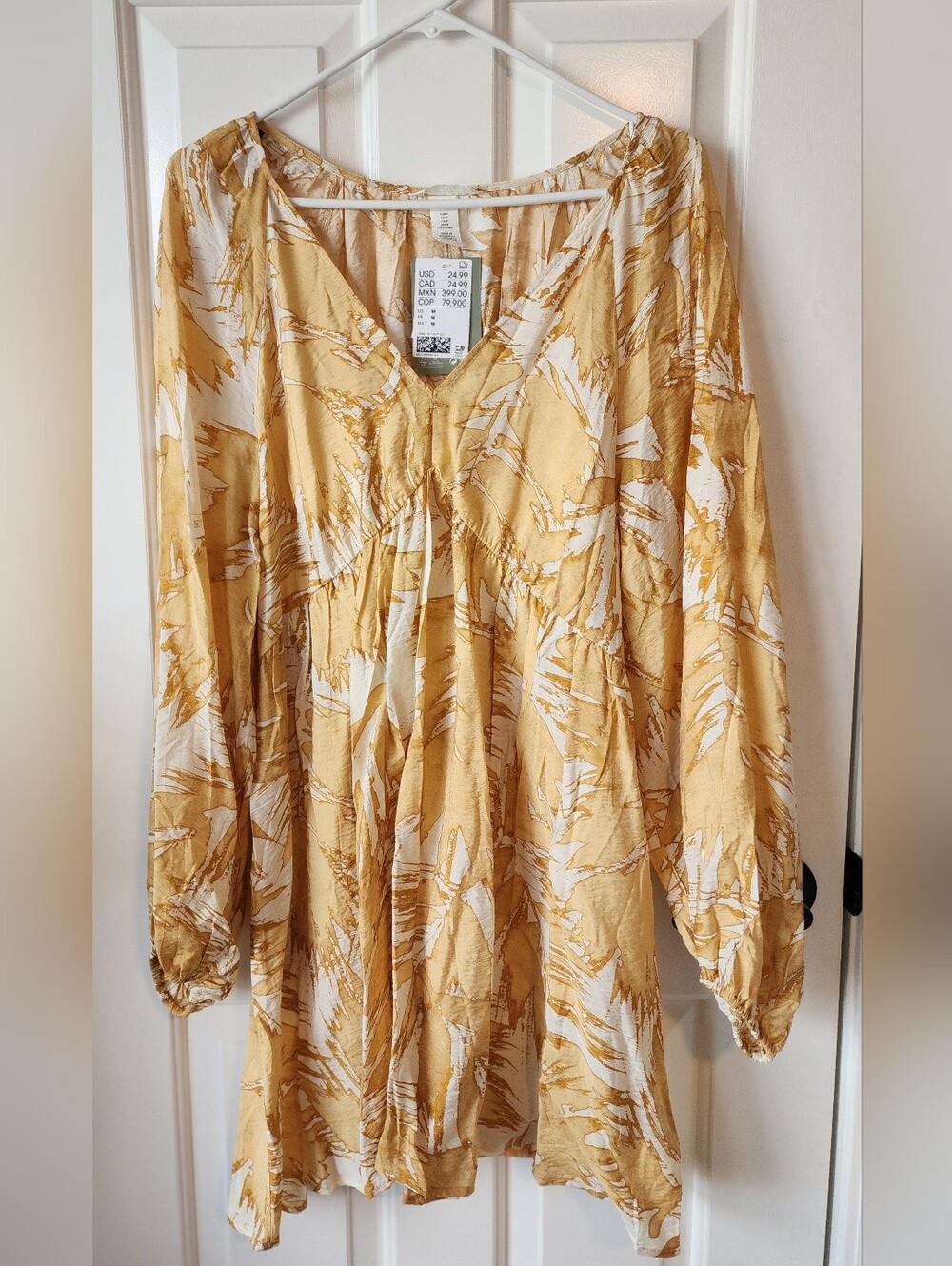 New With Tags H&M Mustard Yellow Printed Flowing Tunic Dress Medium Large XL